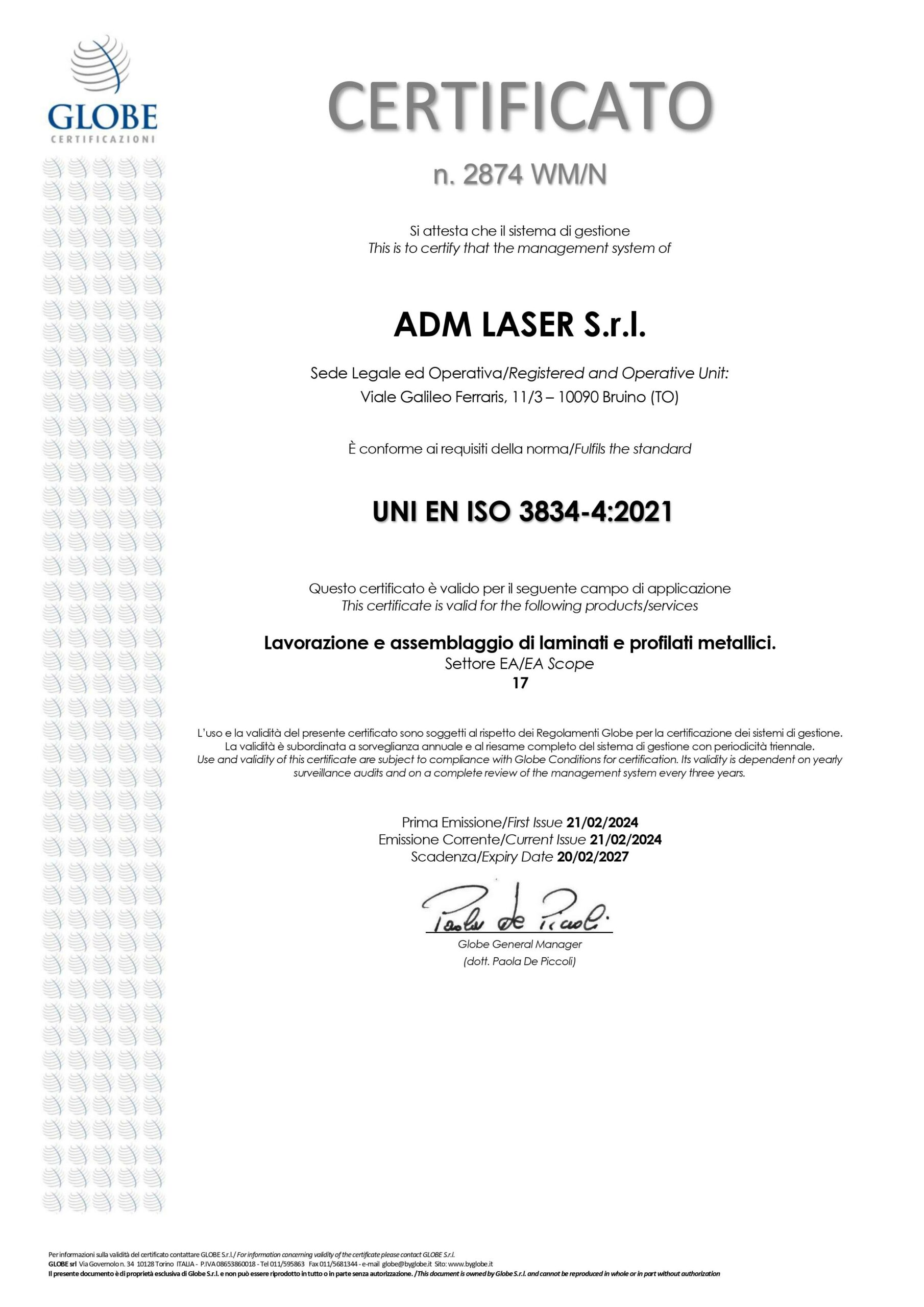 Certificazione adm laser 